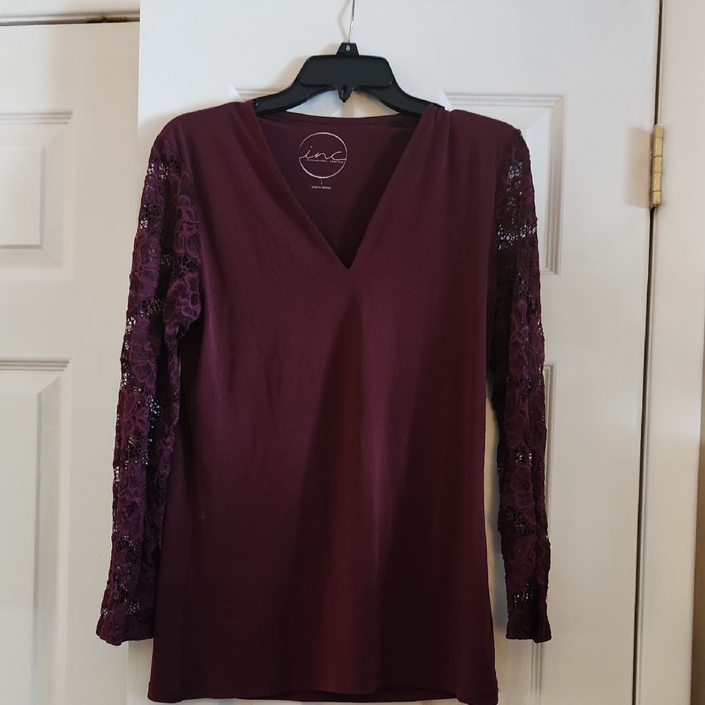 INC International Concepts Women's Deep Purple Lace Sleeve Blouse